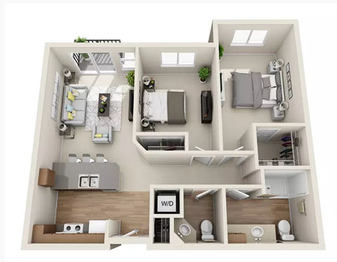 Floor plan for 2 beds, 1.5 baths, 991 sqft